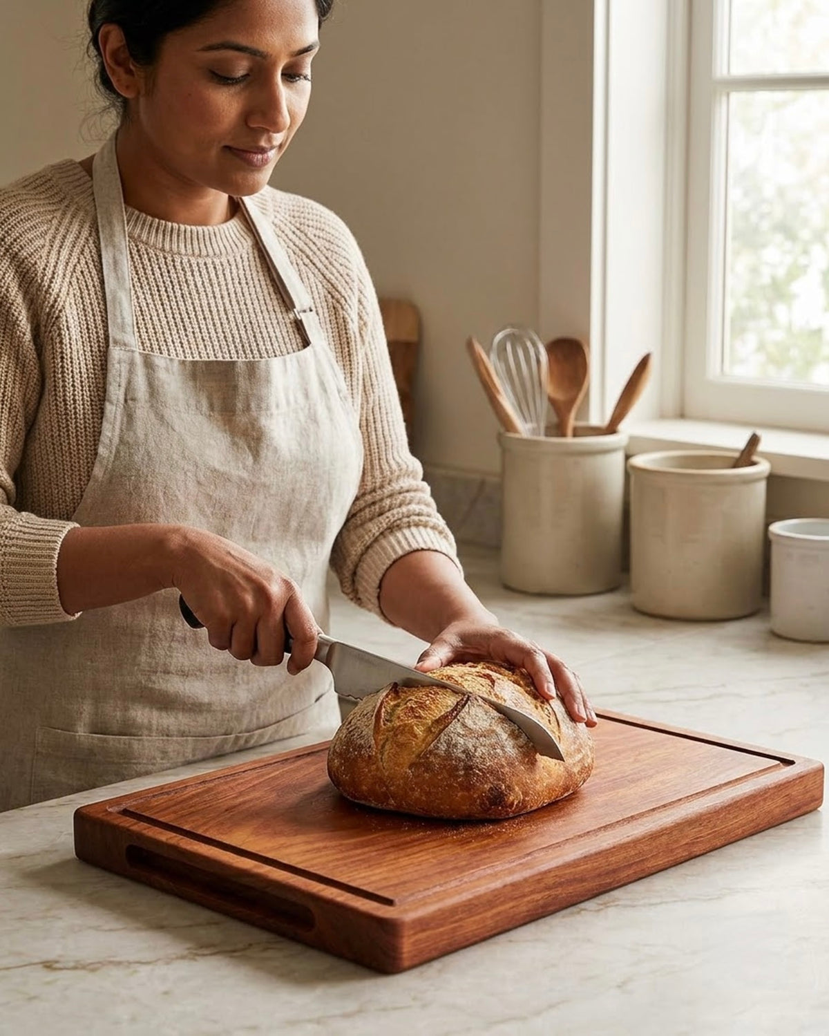 Wooden cutting board 15 x 10 inch used for slicing bread