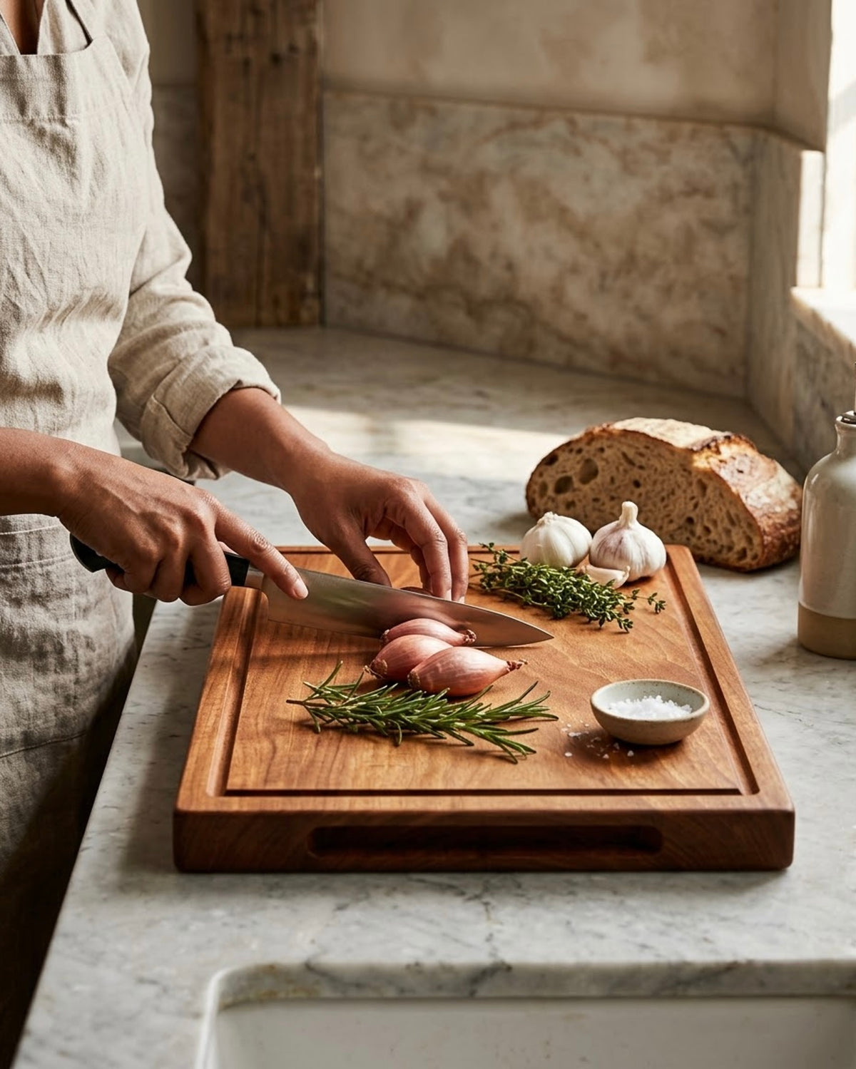 Thick wooden chopping board used for vegetable preparation