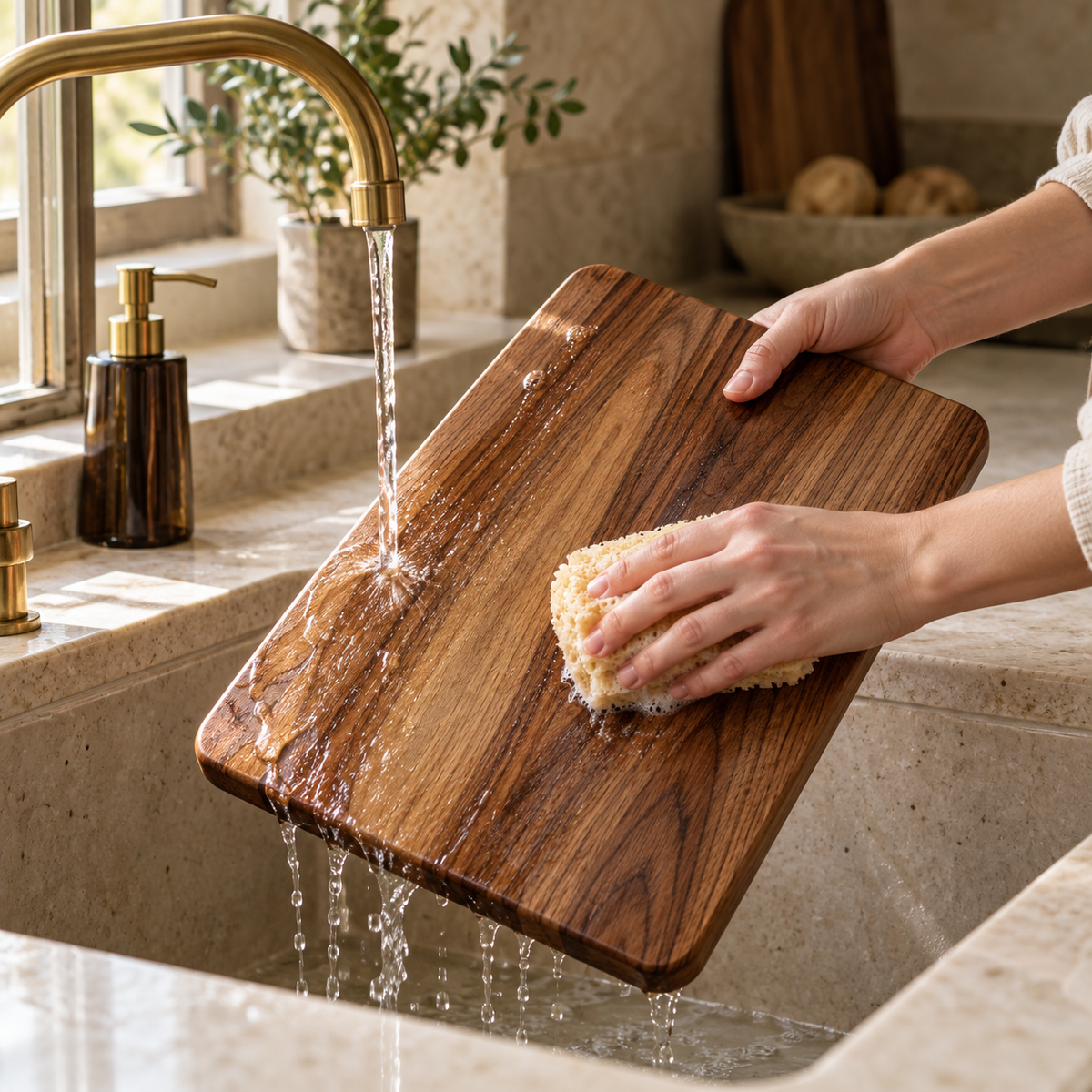Illustrative demonstration of gently hand washing a wooden cutting board