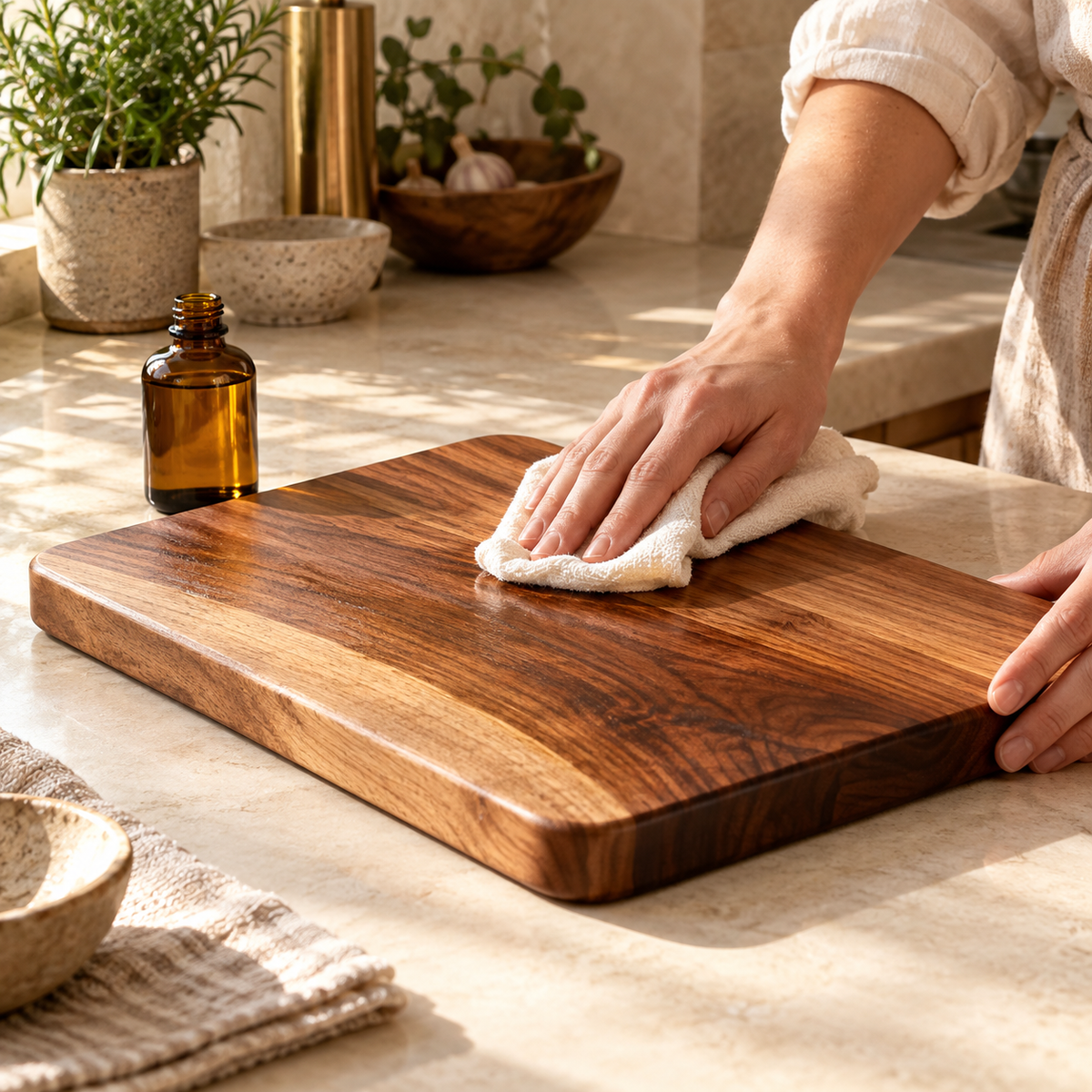 Illustrative demonstration of applying board conditioner with a soft cloth