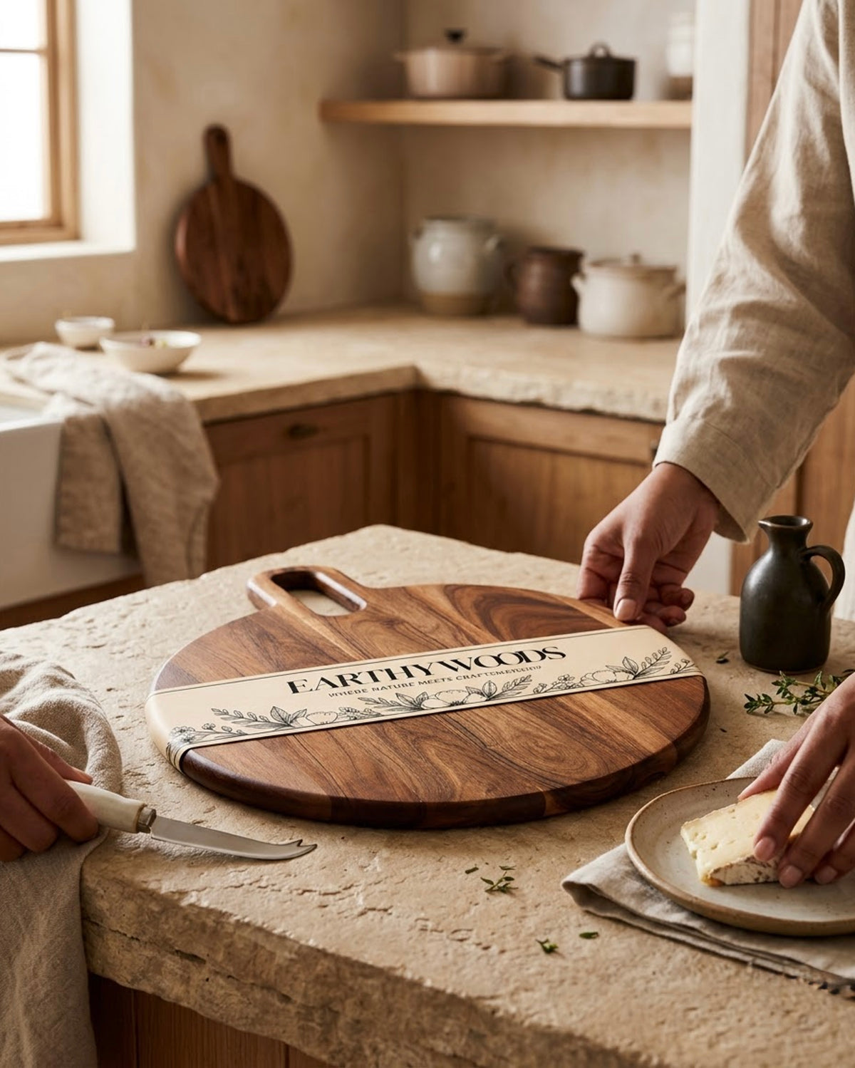 Round Indian Rosewood Chopping Board with Handle, 15 x 12 Inch by Earthy Woods - product design view