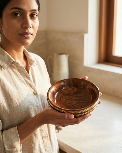 Premium Wooden Bowl Set of 3 with Elegant Brass Inlay – Handcrafted Serving Bowls