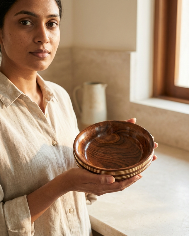 Premium Wooden Bowl Set of 3 with Elegant Brass Inlay – Handcrafted Serving Bowls