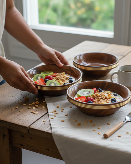 Premium Wooden Bowl Set of 3 with Elegant Brass Inlay – Handcrafted Serving Bowls