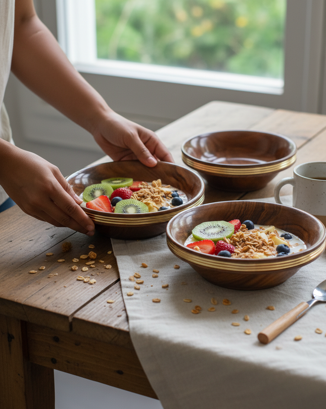 Premium Wooden Bowl Set of 3 with Elegant Brass Inlay – Handcrafted Serving Bowls