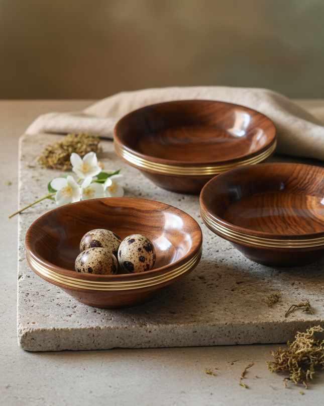 Premium Wooden Bowl Set of 3 with Elegant Brass Inlay – Handcrafted Serving Bowls