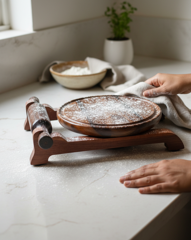 Handcrafted Wooden Chakla Belan Set with Stand – Premium Roti & Chapati Rolling Board with Rolling Pin