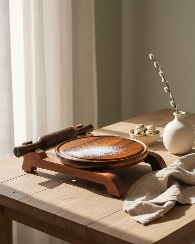 Handcrafted Wooden Chakla Belan Set with Stand – Premium Roti & Chapati Rolling Board with Rolling Pin
