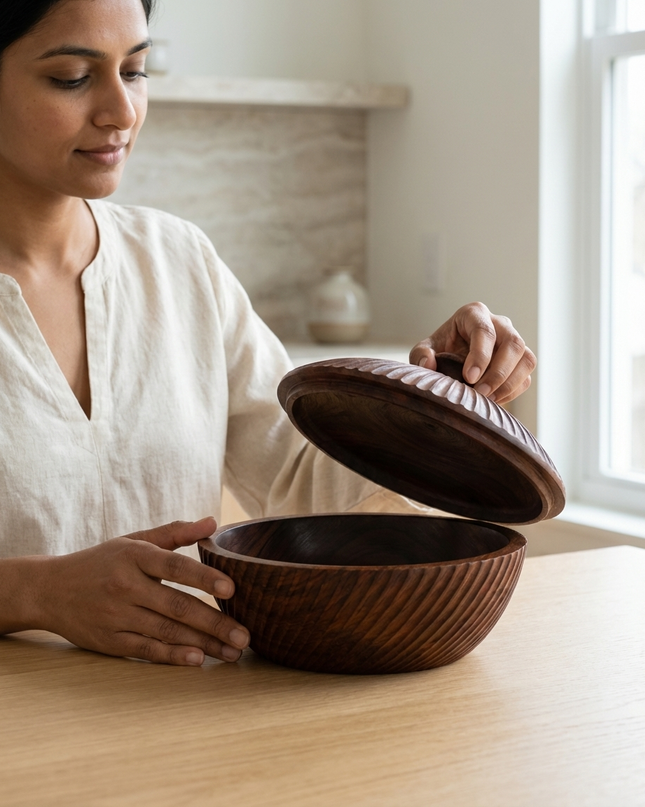 Handcrafted Carved Wooden Roti Box with Lid – Designer Chapati Storage Container | Premium Kitchen & Dining Serveware