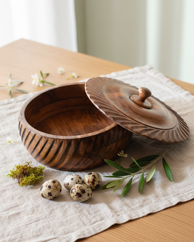 Handcrafted Carved Wooden Roti Box with Lid – Designer Chapati Storage Container | Premium Kitchen & Dining Serveware