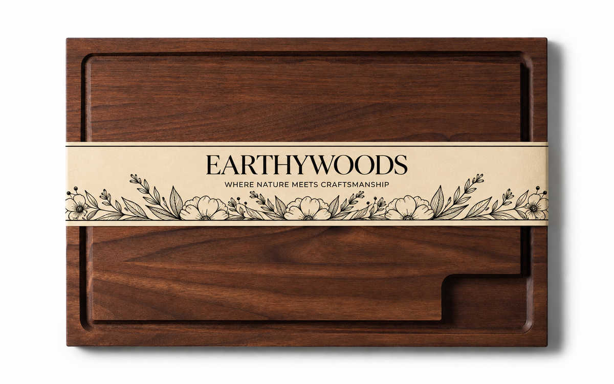 Earthy Woods wooden chopping board with branded cream sleeve