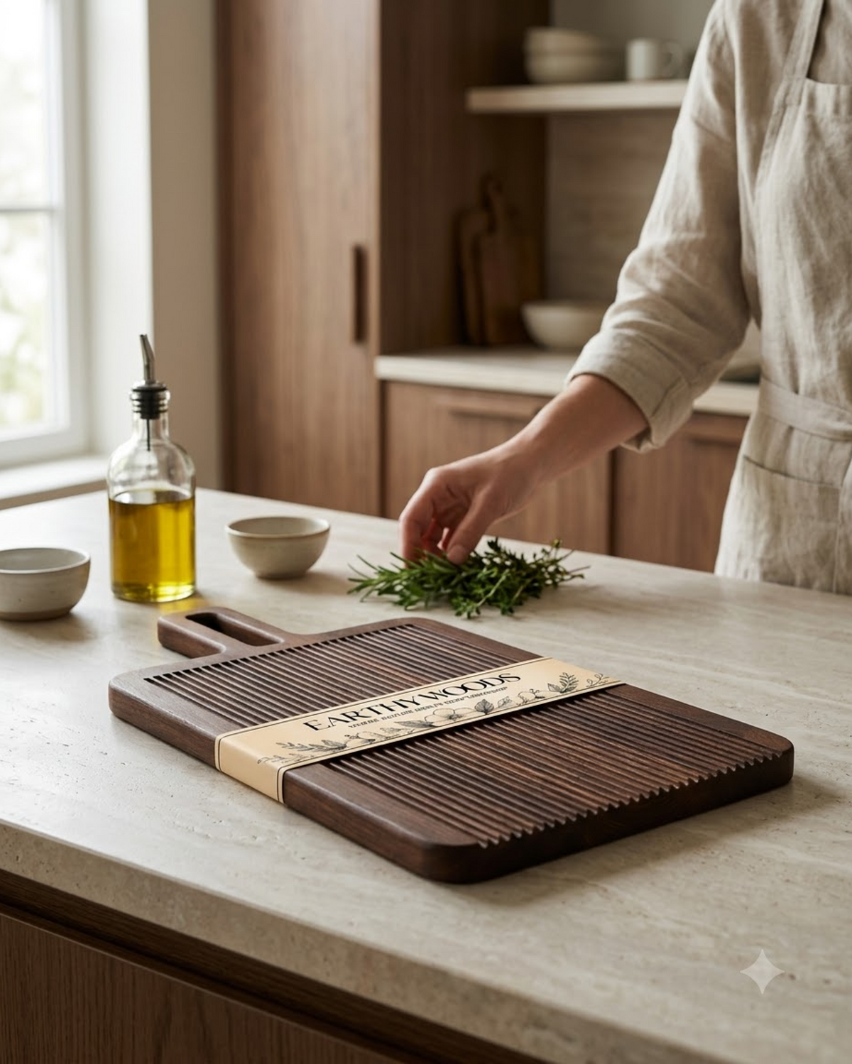 Angled view of grooved wooden board showing its thickness on a kitchen counter