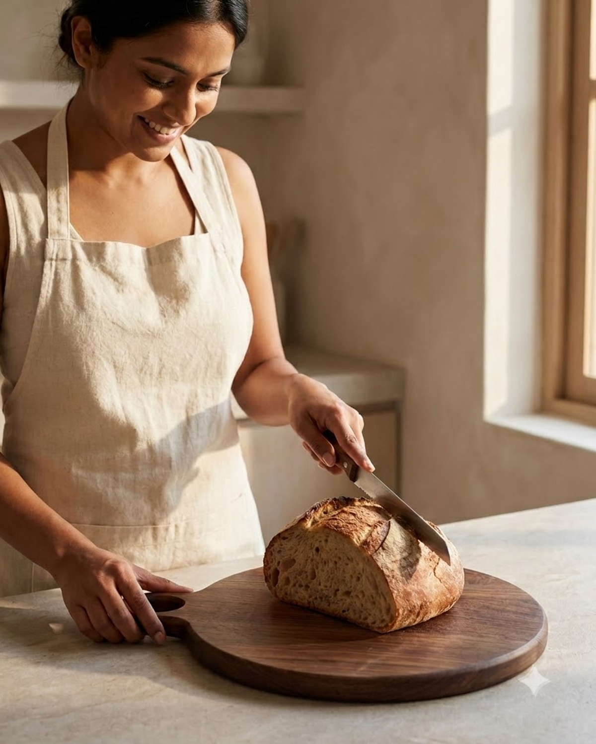 Round Indian rosewood board shown in use for slicing bread