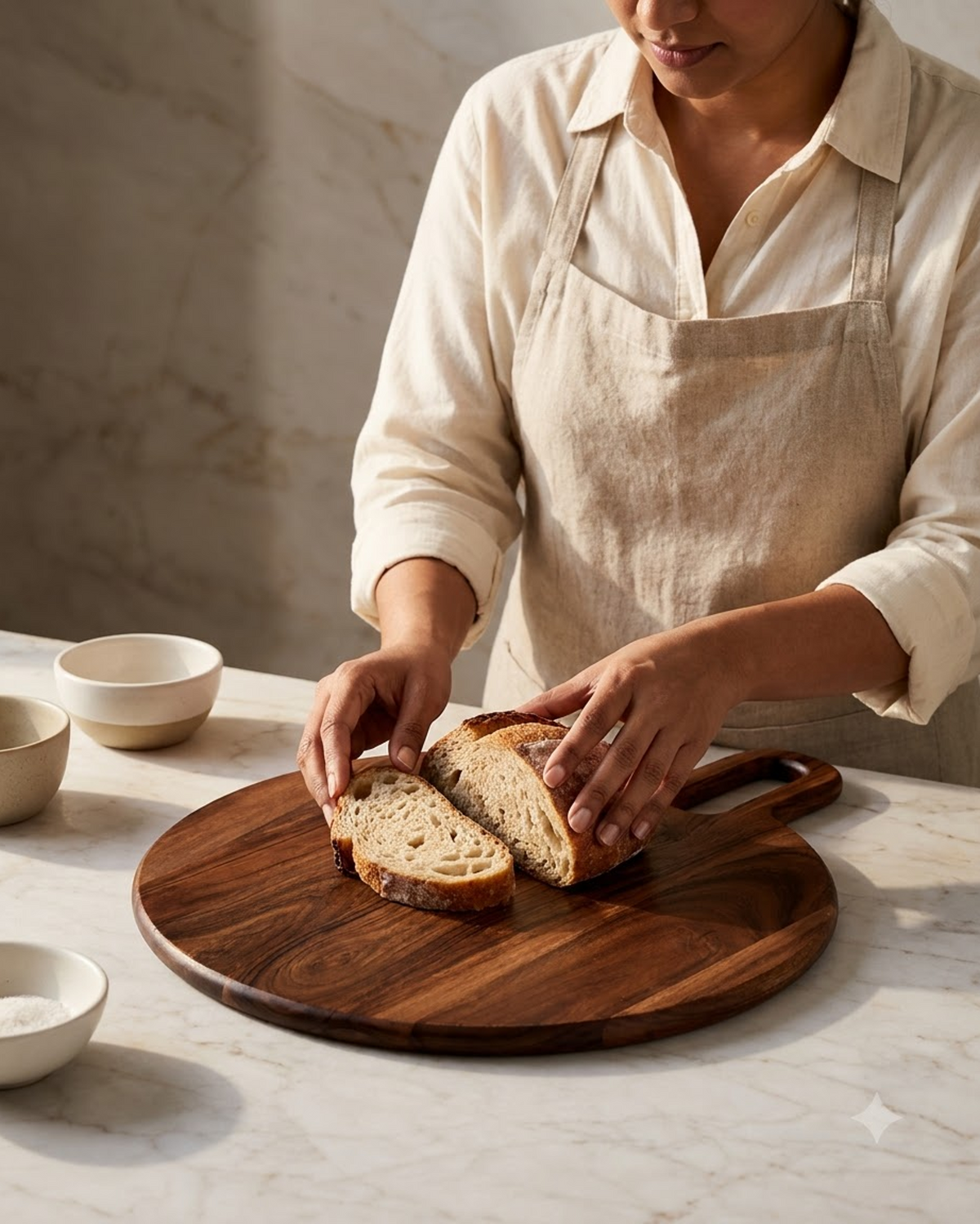 Round wooden cutting board with handle styled with sliced bread in a kitchen
