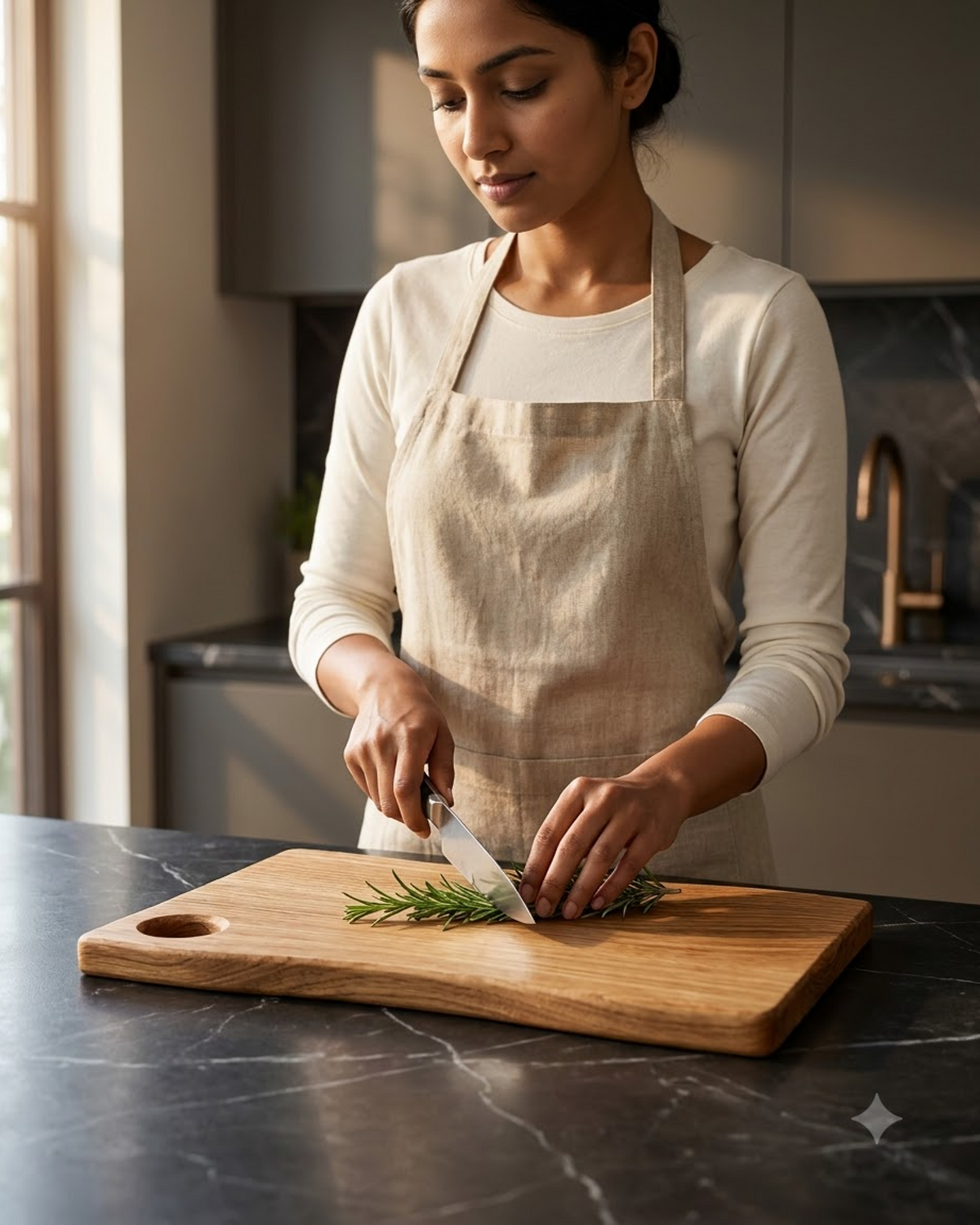 Teak wood chopping board shown in use for cutting herbs