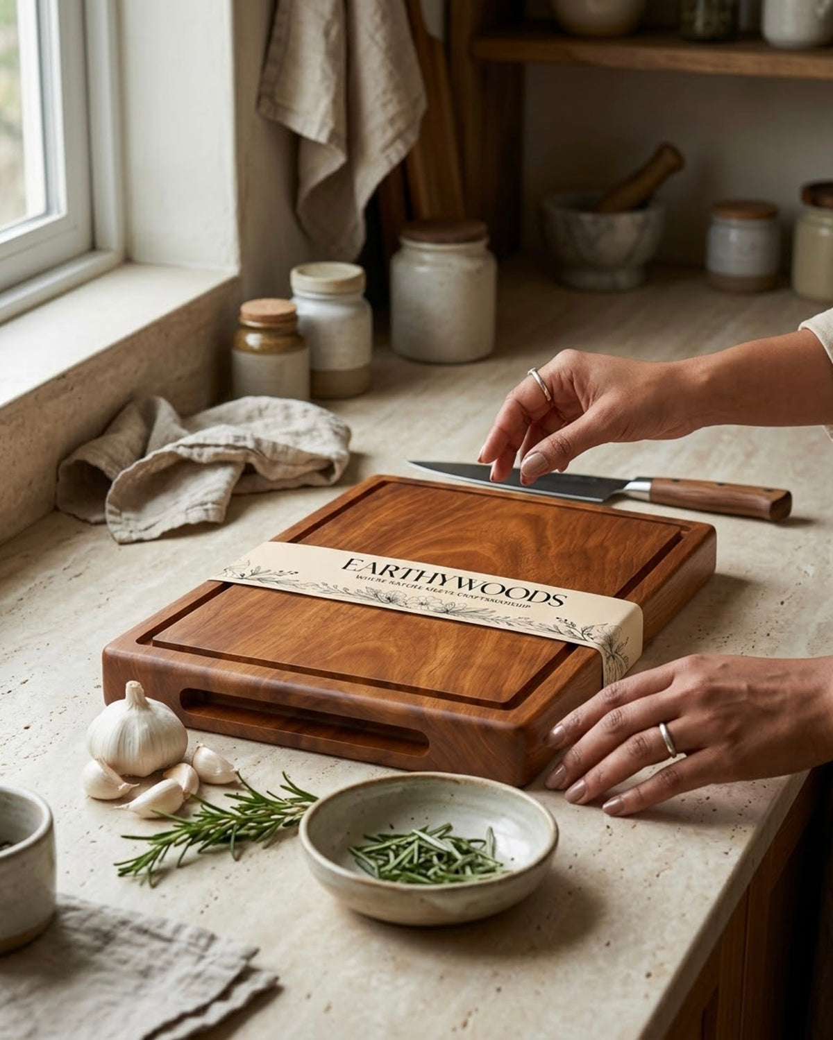 Earthy Woods wooden chopping board with branding strip