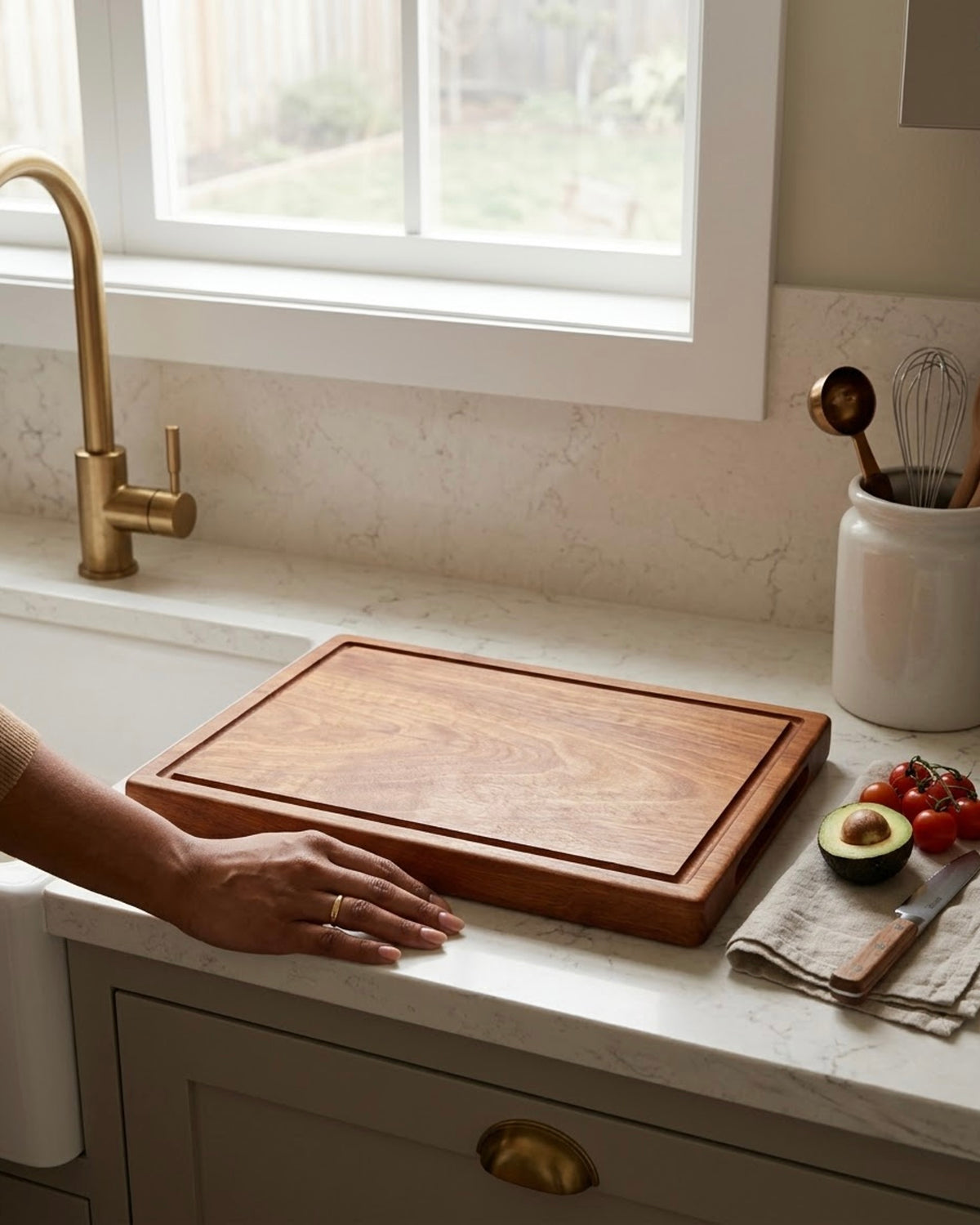 Premium wooden cutting board with juice groove on kitchen counter