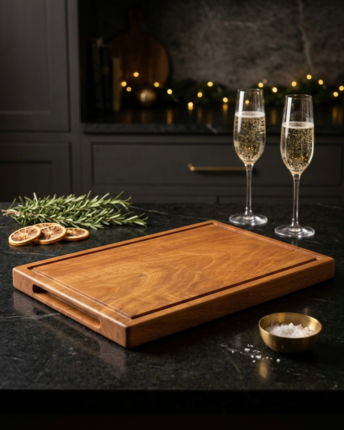 Luxury wooden chopping and serving board in dark kitchen setting