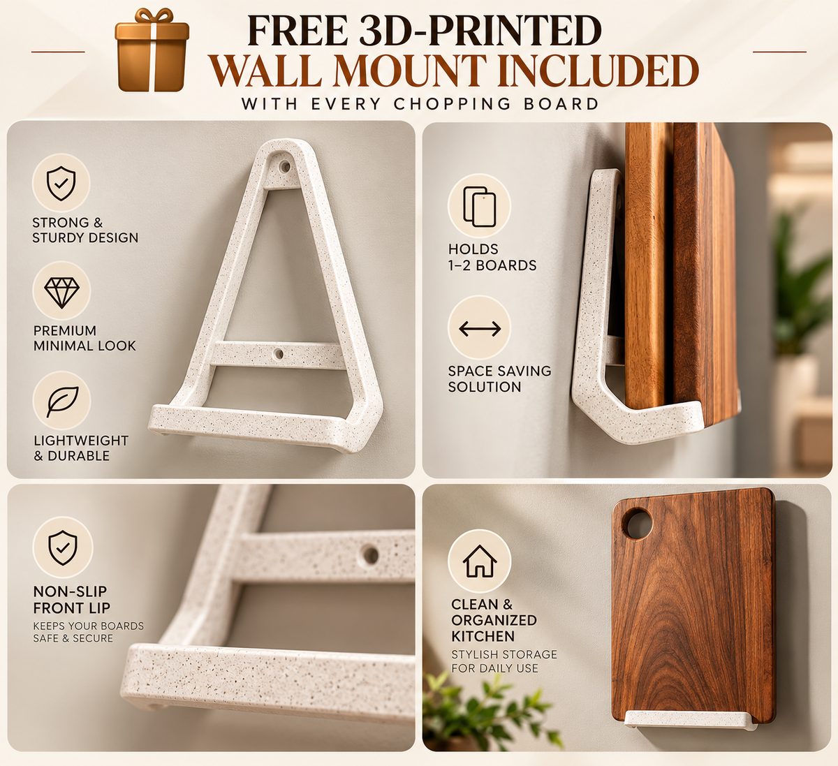 Free 3D printed wall mount included with every Earthy Woods chopping board – four views