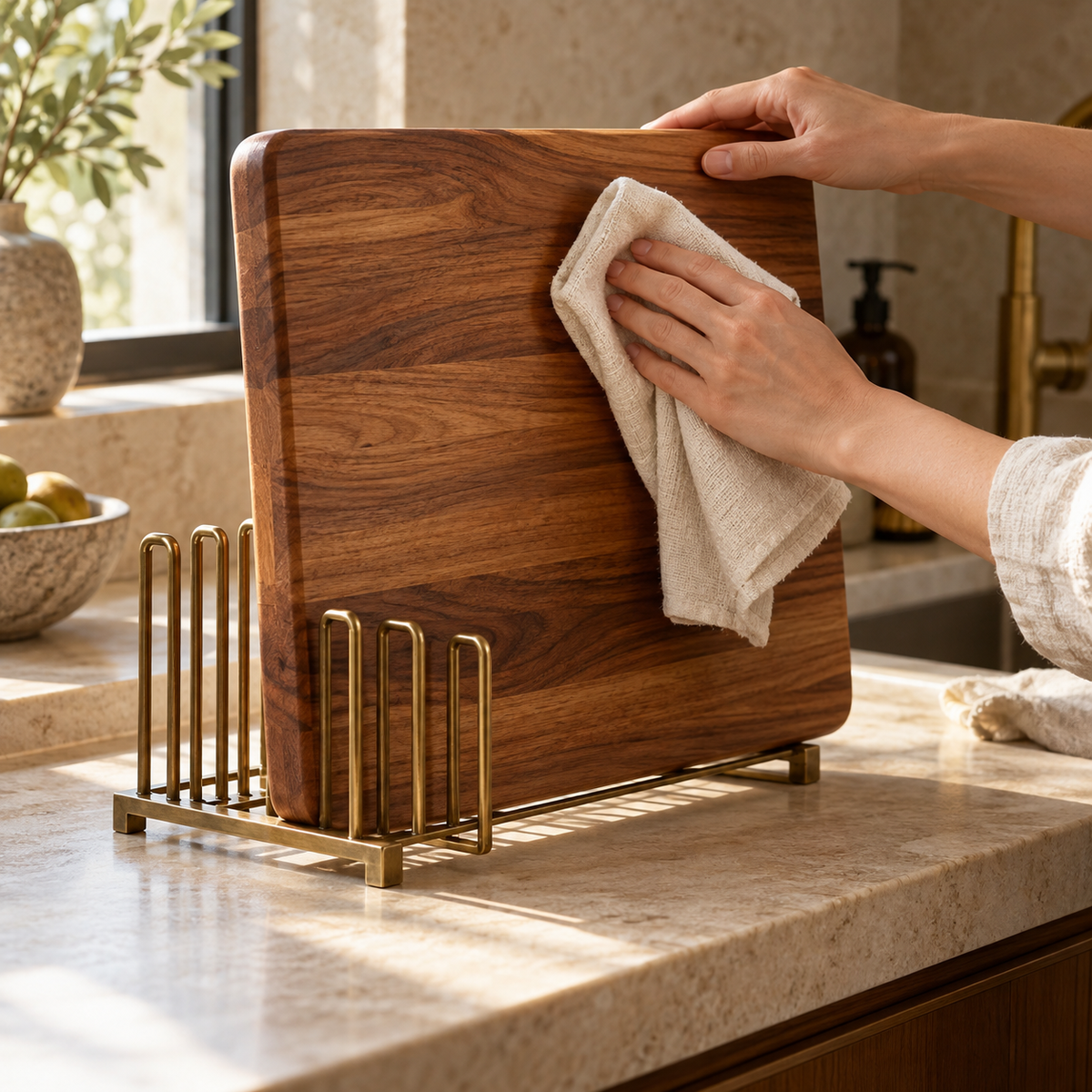 Illustrative demonstration of towel drying a wooden cutting board upright