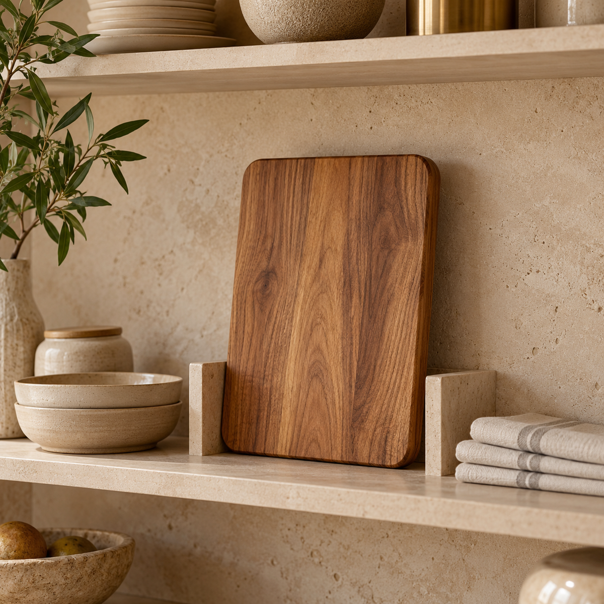 Illustrative demonstration of storing a dry wooden cutting board upright