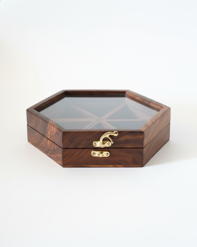 Premium Wooden Masala Box with Glass Lid & Brass Lock – 6 Section Spice Organizer