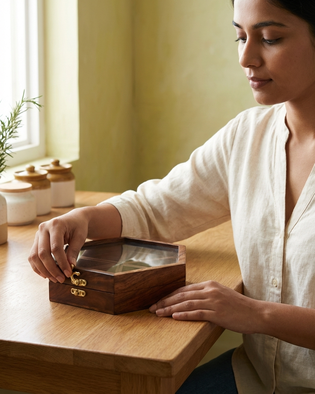 Premium Wooden Masala Box with Glass Lid & Brass Lock – 6 Section Spice Organizer