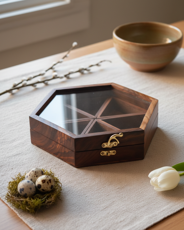 Premium Wooden Masala Box with Glass Lid & Brass Lock – 6 Section Spice Organizer