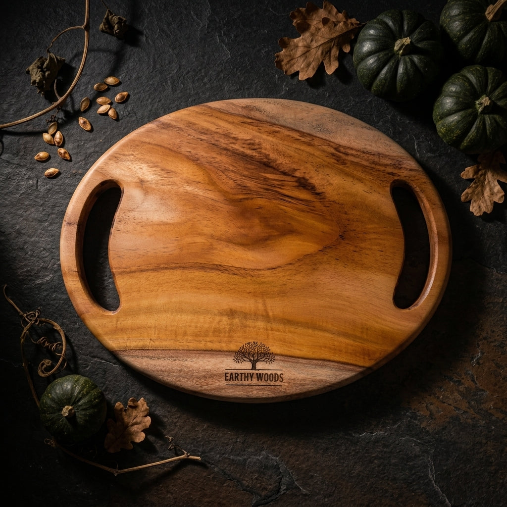 Round wooden serving tray with cutout handles, showing its natural grain