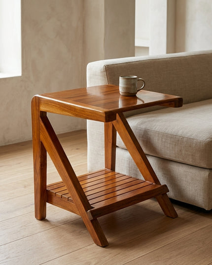 Premium Solid Teak Wood Side Table with Storage Shelf | Handcrafted Wooden Bedside & End Table