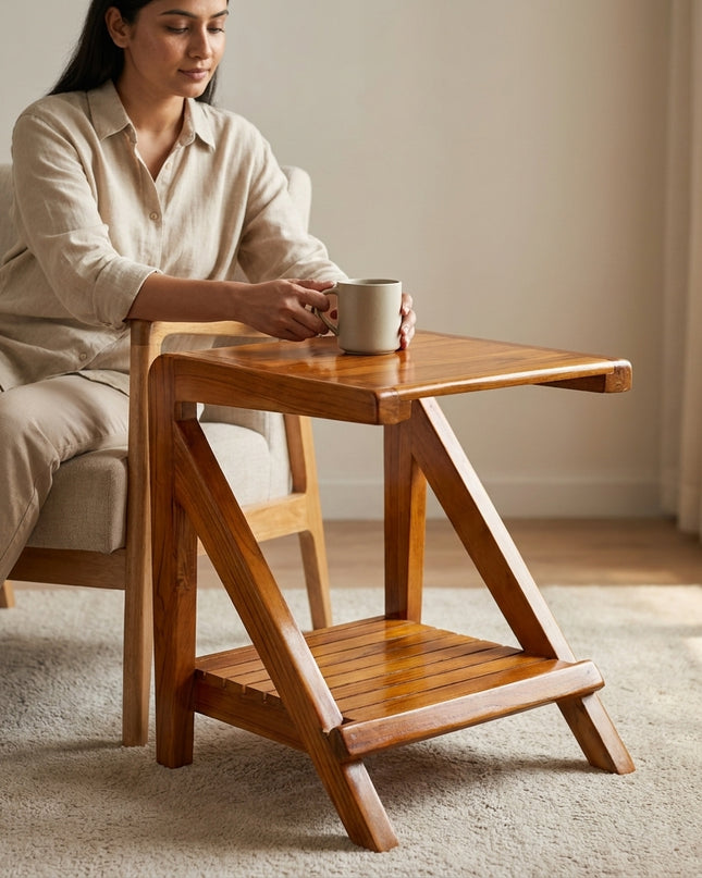 Premium Solid Teak Wood Side Table with Storage Shelf | Handcrafted Wooden Bedside & End Table