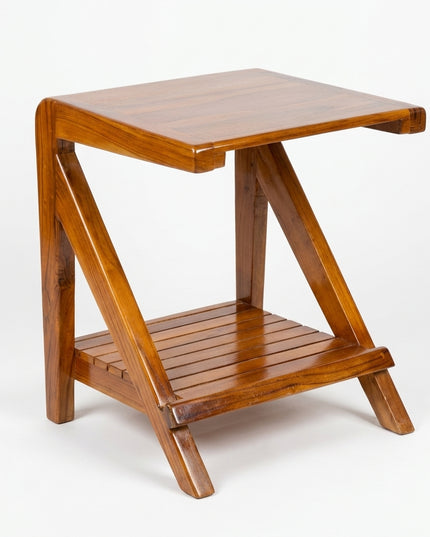 Premium Solid Teak Wood Side Table with Storage Shelf | Handcrafted Wooden Bedside & End Table