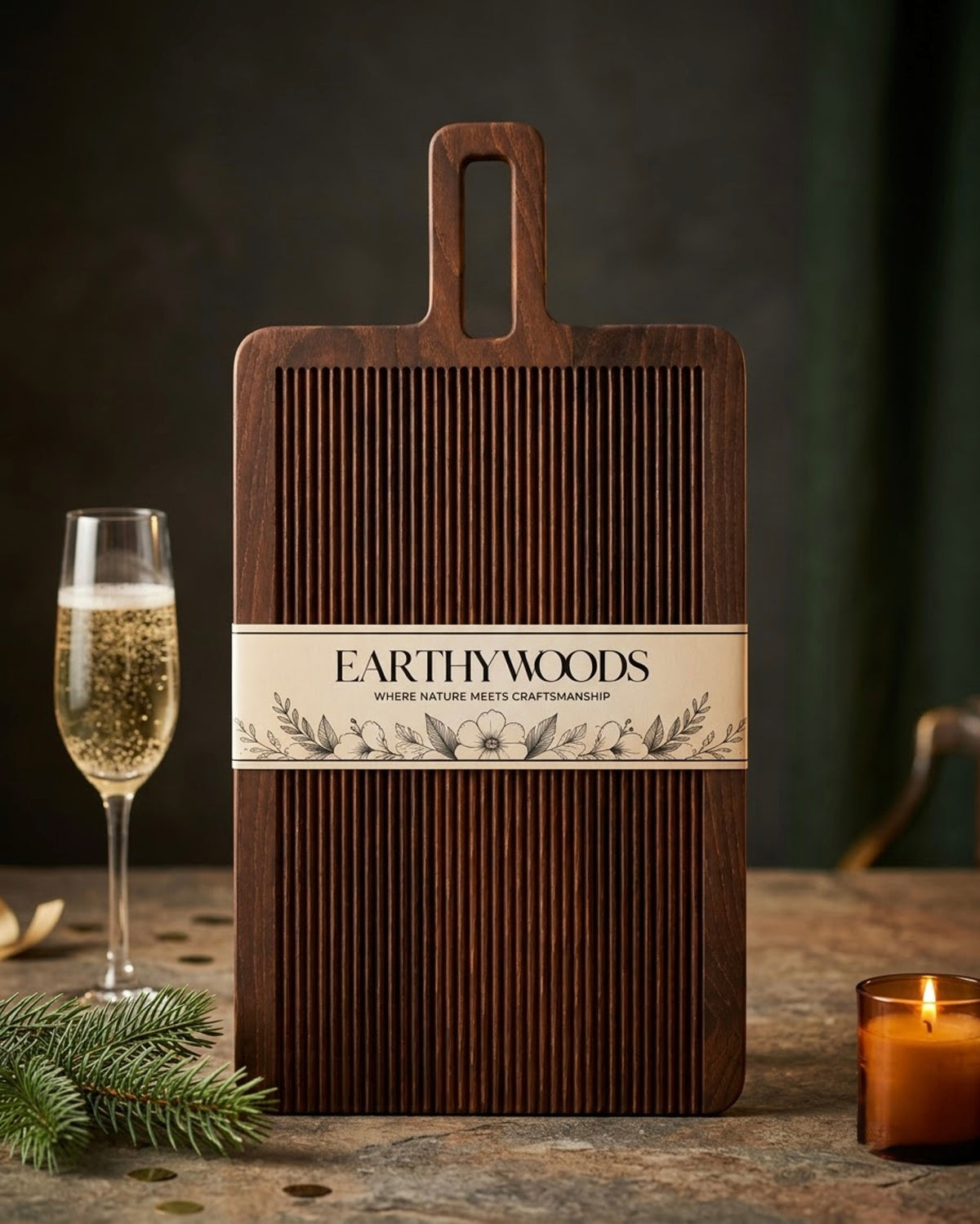 Grooved Indian Rosewood Chopping Board with Handle, 15 x 10 x 1.5 Inch by Earthy Woods - wooden board photograph