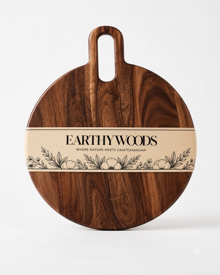 Round Indian Rosewood Chopping Board with Handle, 15 x 12 Inch by Earthy Woods - product photo