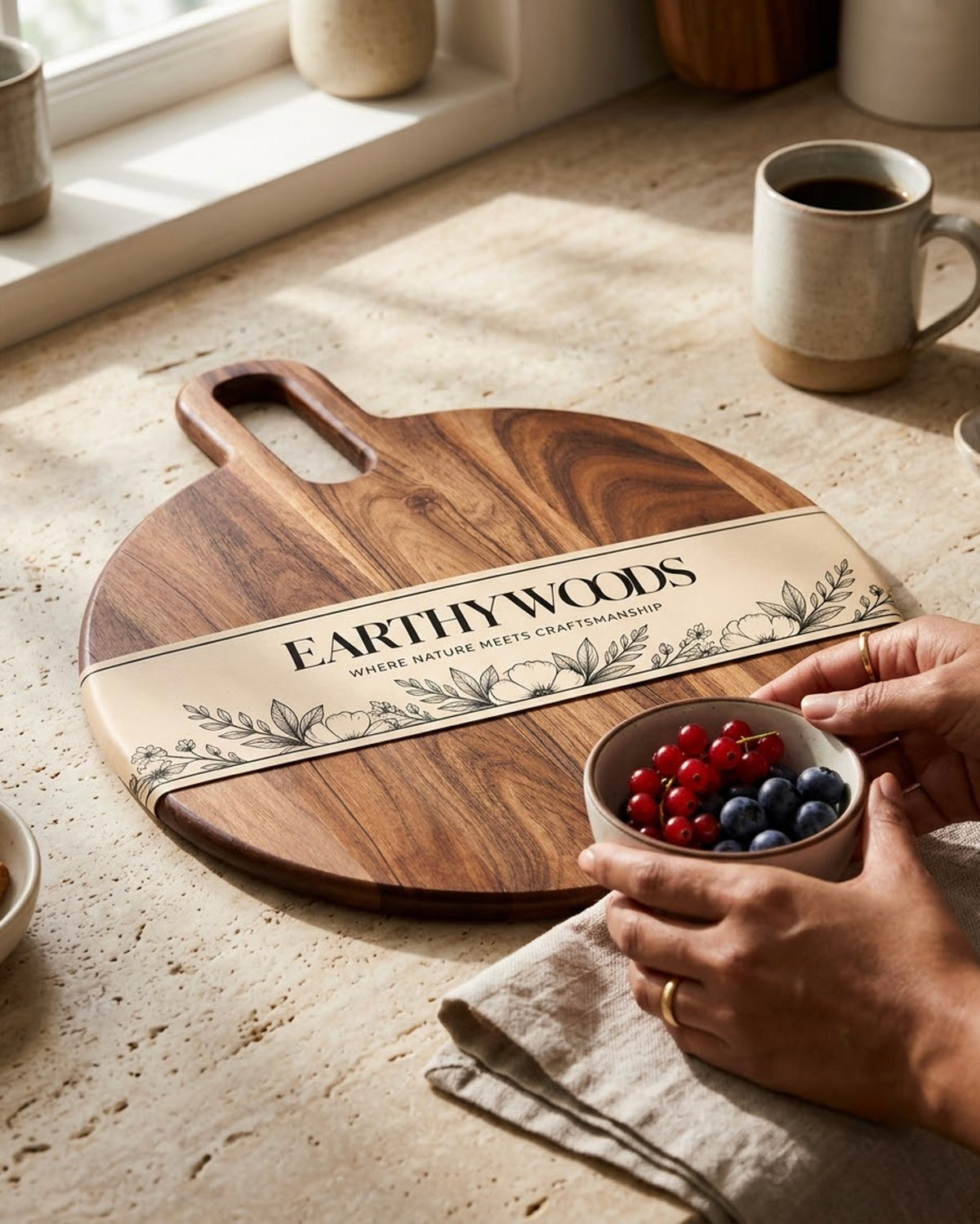 Round Indian Rosewood Chopping Board with Handle, 15 x 12 Inch by Earthy Woods - wooden board photograph