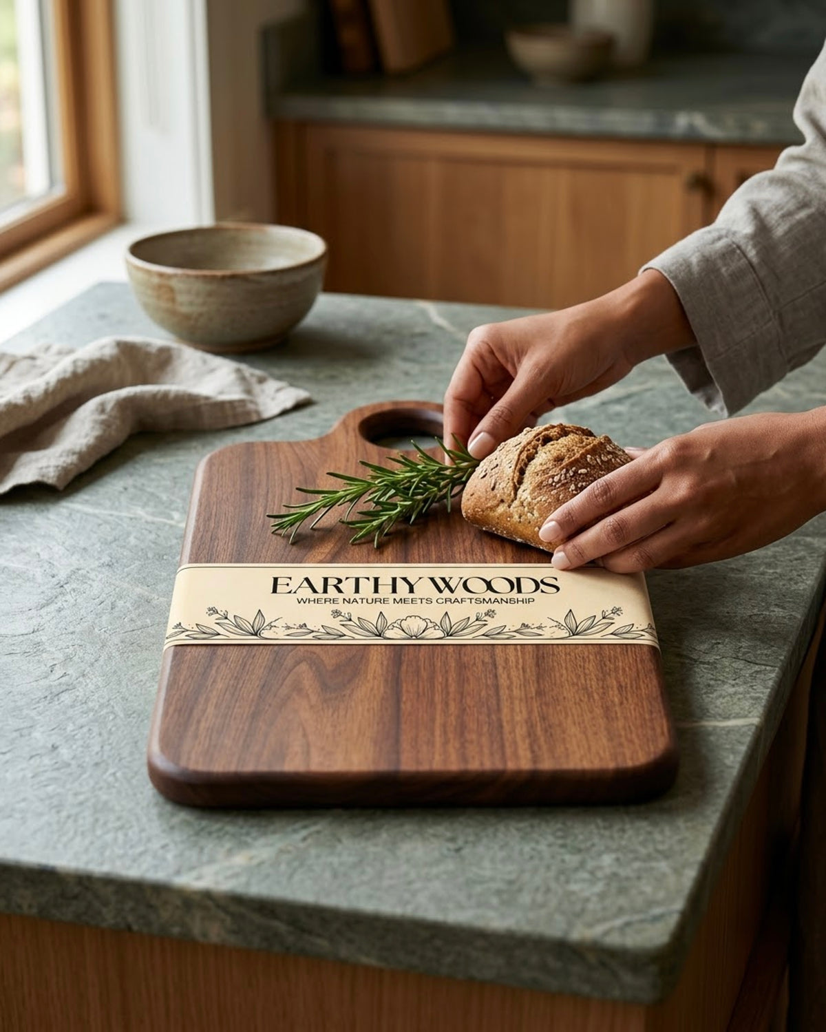 Indian Rosewood Chopping Board with Handle, 15 x 10 x 1 Inch by Earthy Woods - product design view