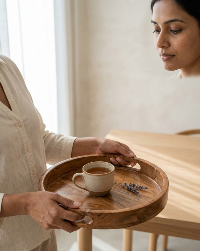 Handcrafted Wooden Serving Tray Set (Set of 2) – Natural Finish Round Platters