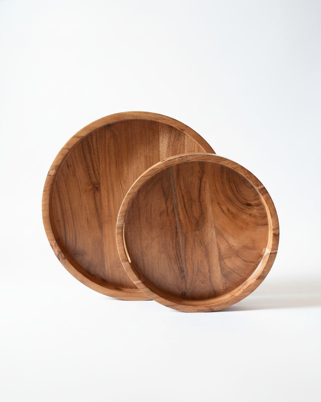 Handcrafted Wooden Serving Tray Set (Set of 2) – Natural Finish Round Platters