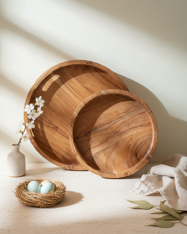 Handcrafted Wooden Serving Tray Set (Set of 2) – Natural Finish Round Platters
