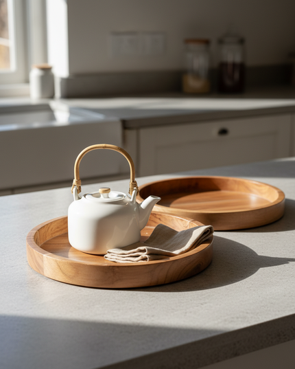Handcrafted Wooden Serving Tray Set (Set of 2) – Natural Finish Round Platters