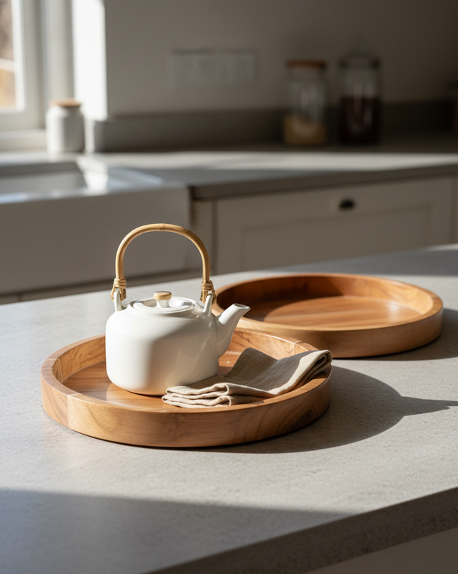 Handcrafted Wooden Serving Tray Set (Set of 2) – Natural Finish Round Platters