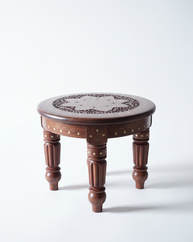 Handcrafted Wooden Chowki (Pooja Stool) with Intricate Carving & Brass Inlay – Traditional Low Floor Table