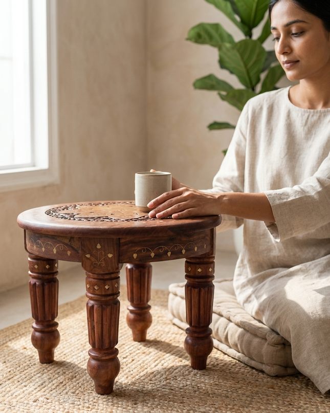 Handcrafted Wooden Chowki (Pooja Stool) with Intricate Carving & Brass Inlay – Traditional Low Floor Table