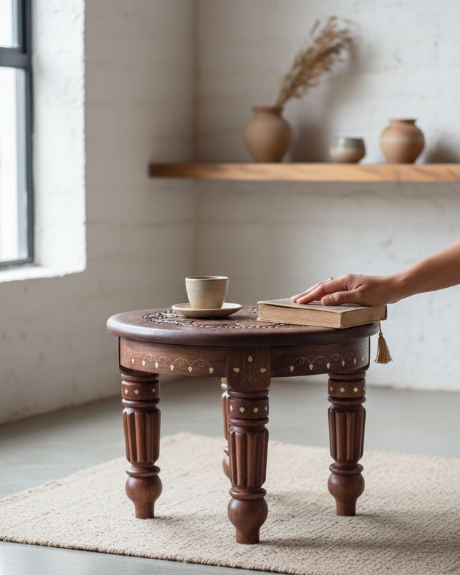 Handcrafted Wooden Chowki (Pooja Stool) with Intricate Carving & Brass Inlay – Traditional Low Floor Table