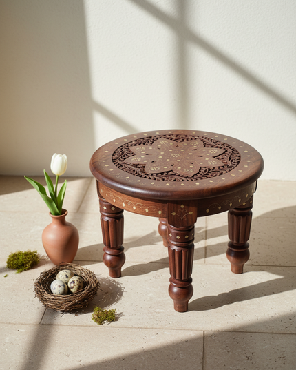 Handcrafted Wooden Chowki (Pooja Stool) with Intricate Carving & Brass Inlay – Traditional Low Floor Table