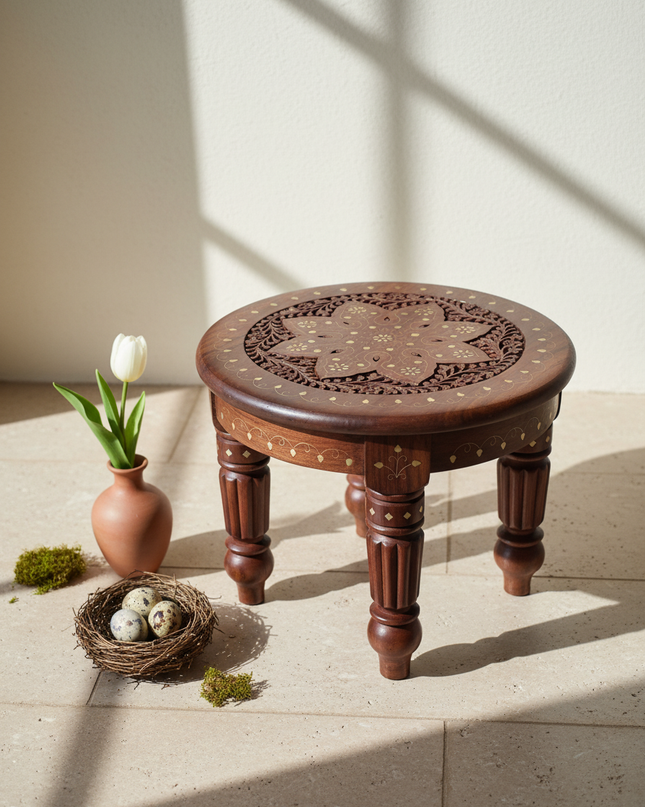 Handcrafted Wooden Chowki (Pooja Stool) with Intricate Carving & Brass Inlay – Traditional Low Floor Table