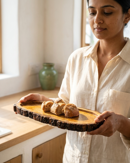 Rustic Mango Wood Oval Serving Tray with Natural Bark Edge