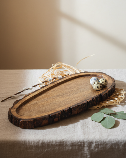 Rustic Mango Wood Oval Serving Tray with Natural Bark Edge
