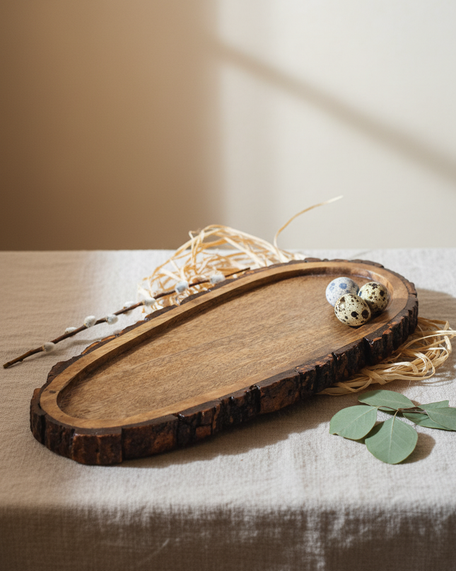 Rustic Mango Wood Oval Serving Tray with Natural Bark Edge