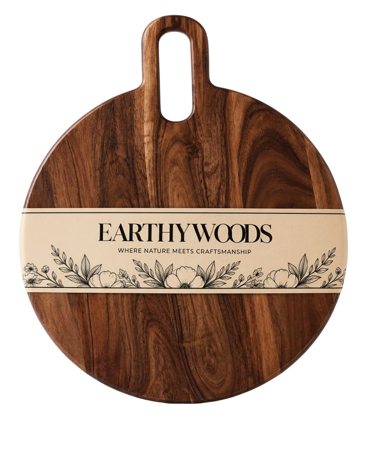 Earthy Woods rectangular wooden chopping board with a carry handle and branded hang tag